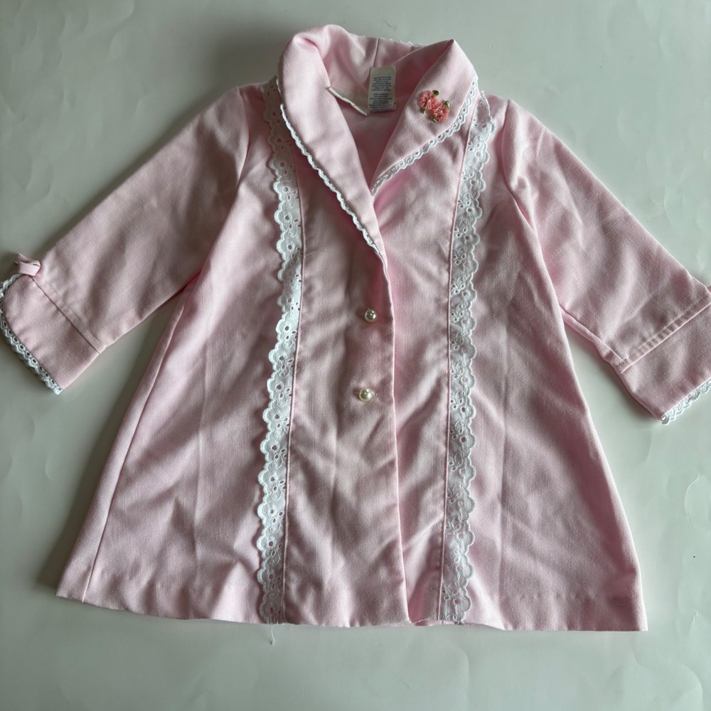 Vtg Little Bitty Girls Pink Eyelet Lace Pearl Button A-Line Dress Coat Jacket 2T
